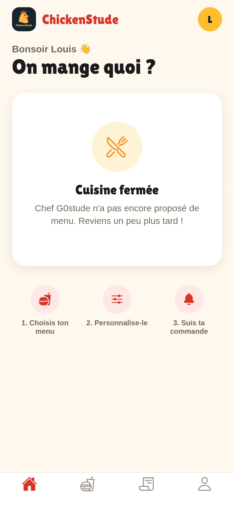 Accueil connecté de ChickenStude : « On mange quoi ? », cuisine fermée