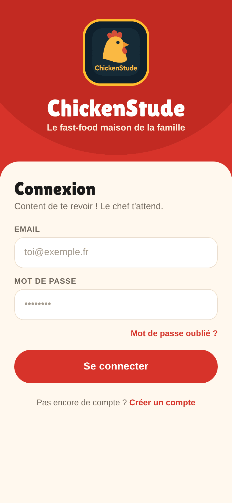 Écran de connexion de ChickenStude : « Le fast-food maison de la famille »