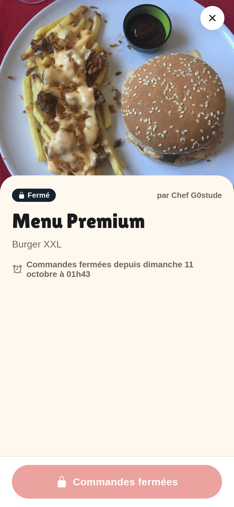 Fiche d'un menu de ChickenStude : Menu Premium, Burger XXL, commandes fermées par le chef