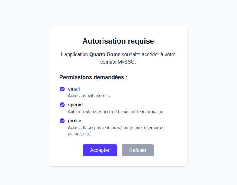 Écran de consentement de MySSO : Quarto Game demande l'accès au compte (email, openid, profile)