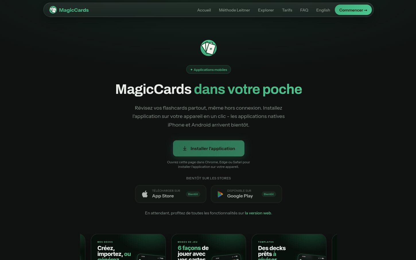Page d'installation de l'application mobile MagicCards