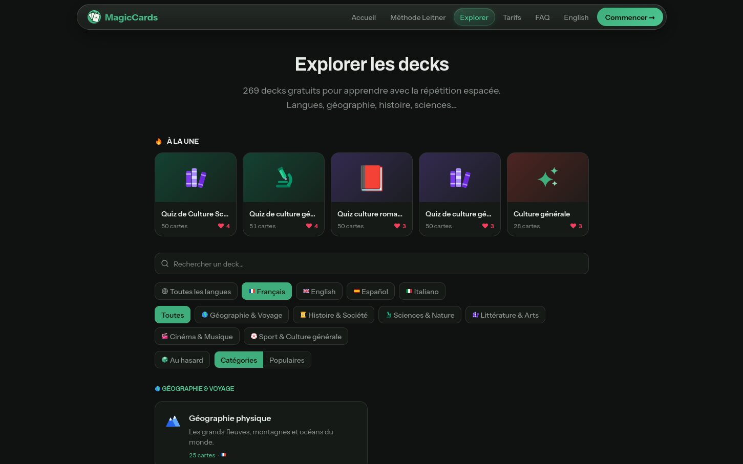 Catalogue « Explorer les decks » de MagicCards avec filtres par langue et catégorie