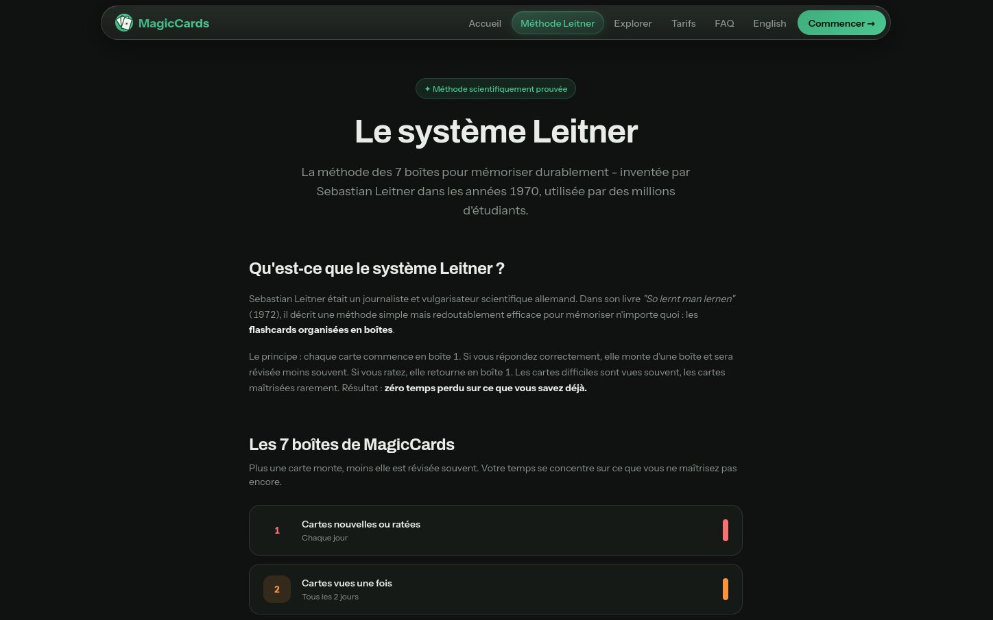 Page de MagicCards expliquant le système Leitner à 7 boîtes