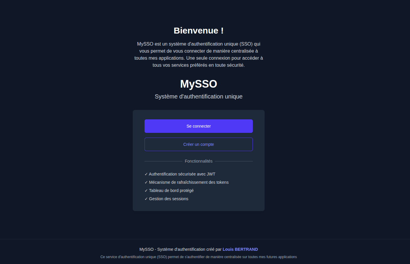 Page d'accueil de MySSO, le système d'authentification unique