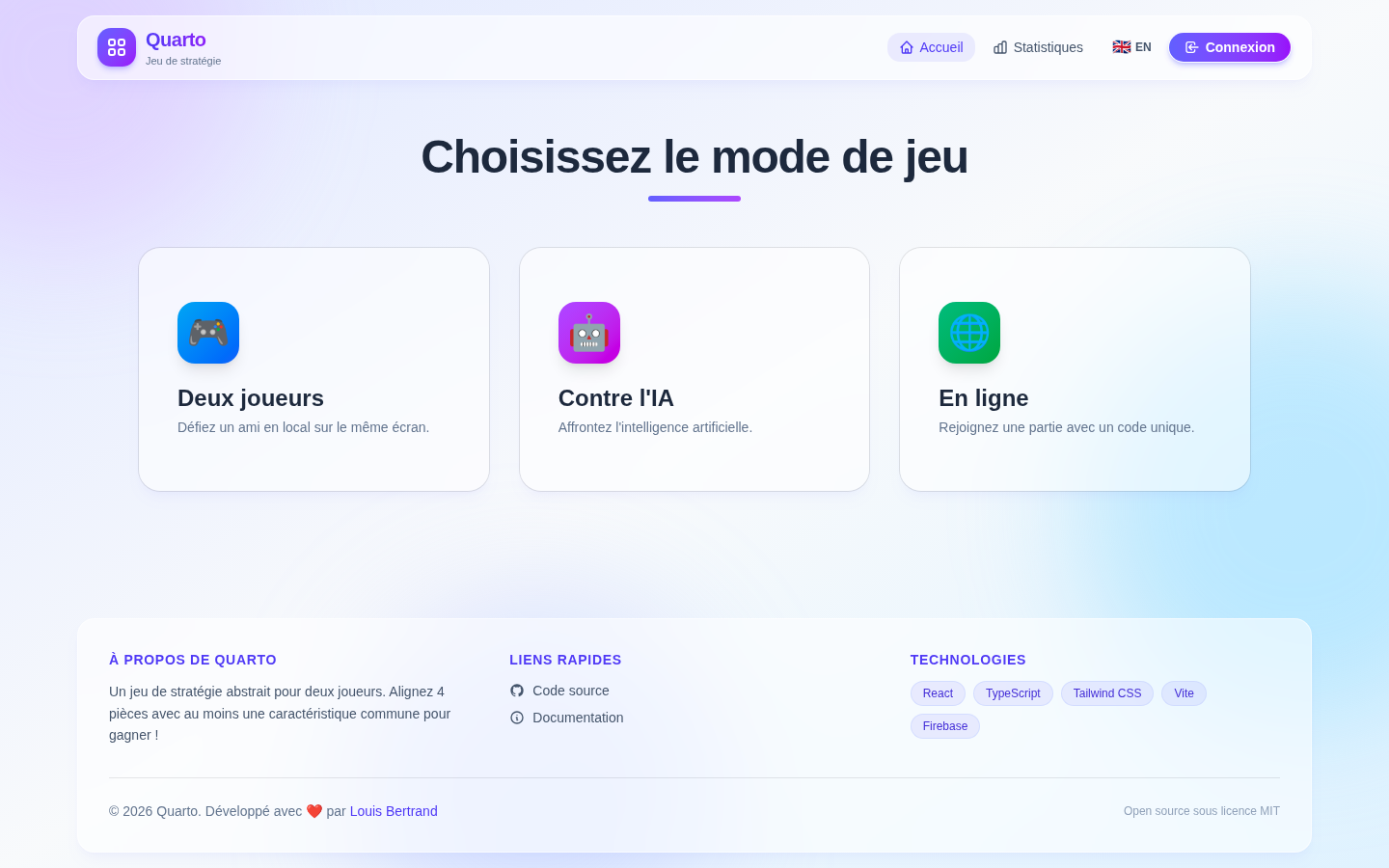 Accueil de Quarto : choix du mode de jeu