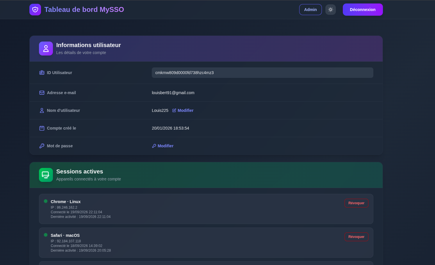 Tableau de bord MySSO : informations utilisateur et sessions actives