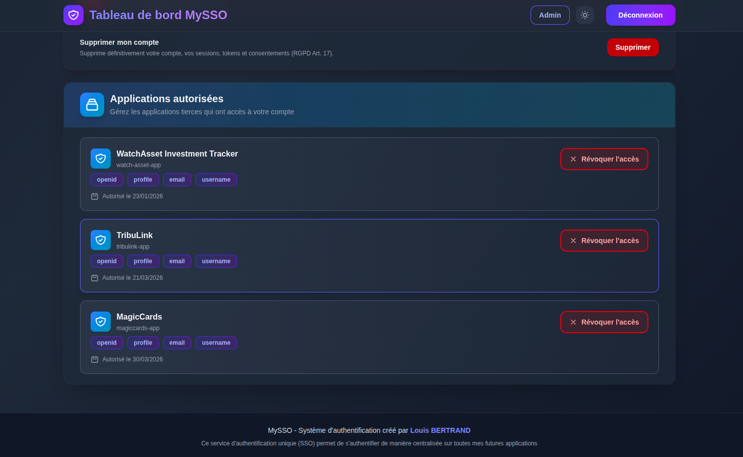 Tableau de bord MySSO : applications autorisées et révocation des accès