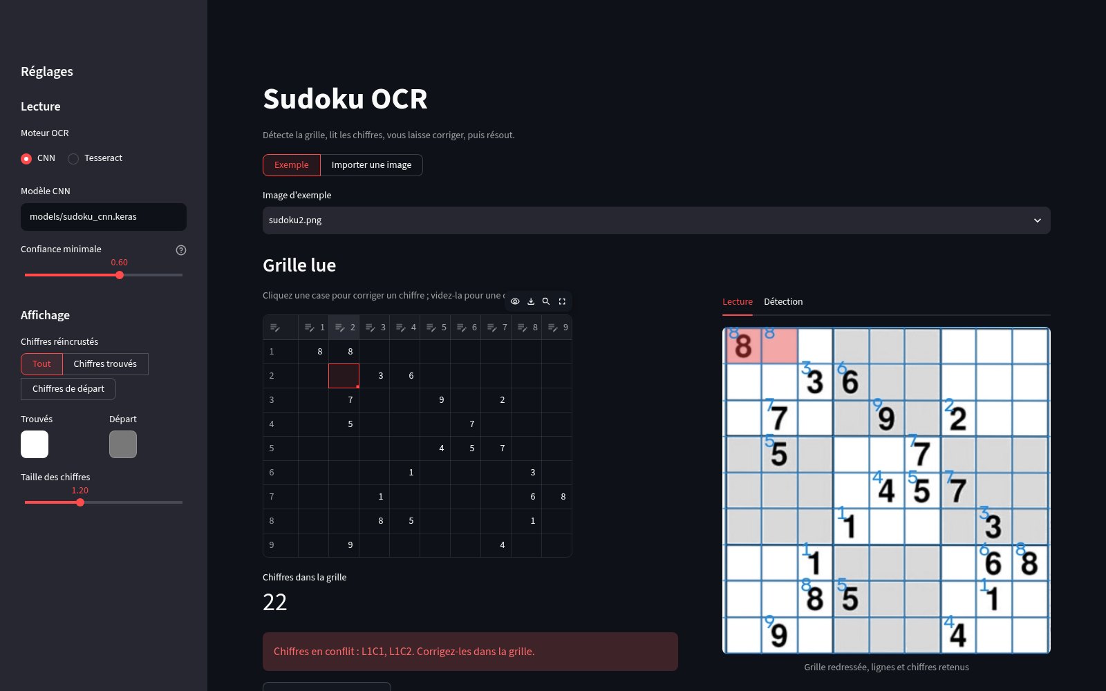 Sudoku OCR signalant un conflit après une correction manuelle, cases en conflit surlignées en rouge