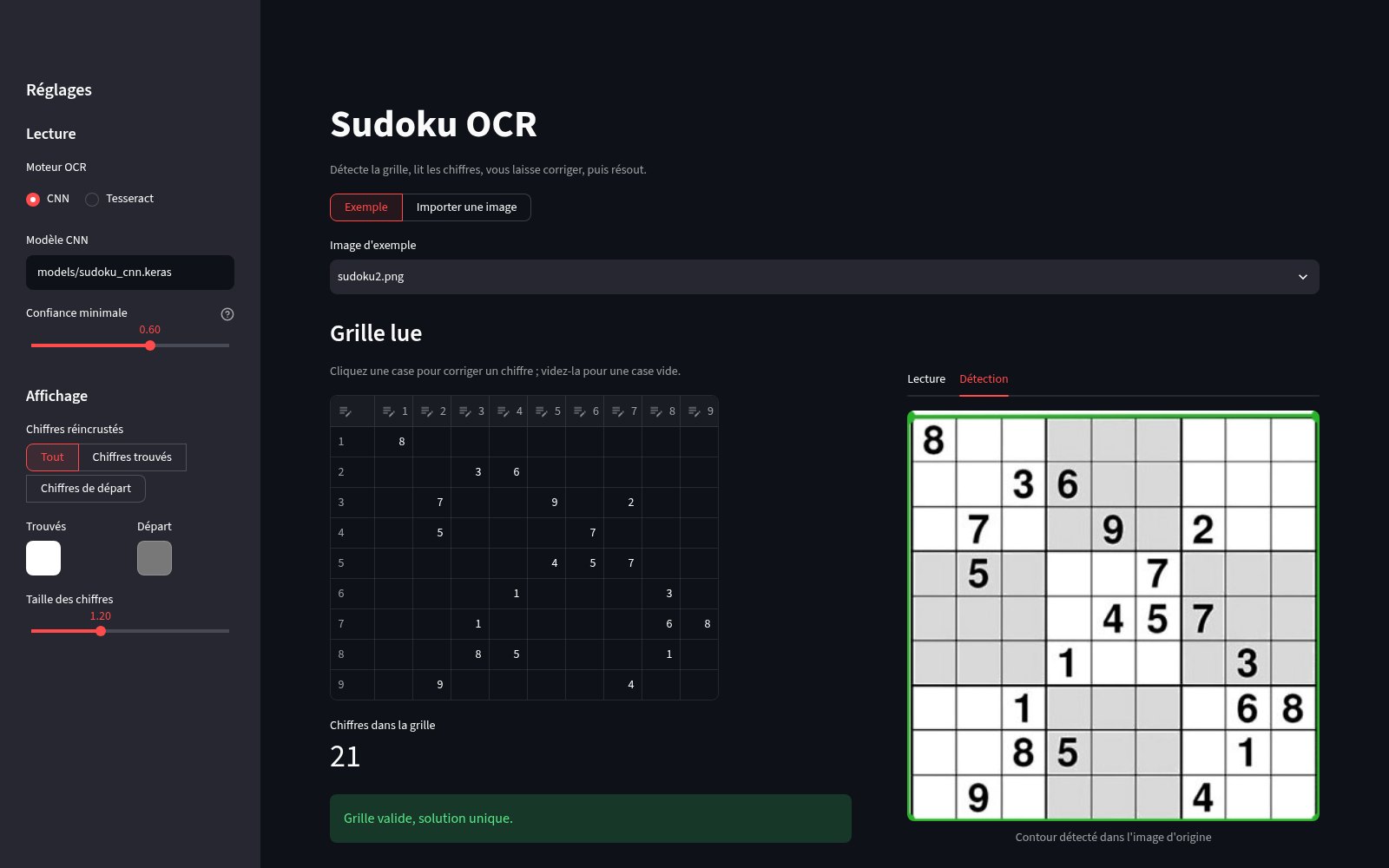 Vue « Détection » de Sudoku OCR : contour de la grille détecté dans l'image d'origine