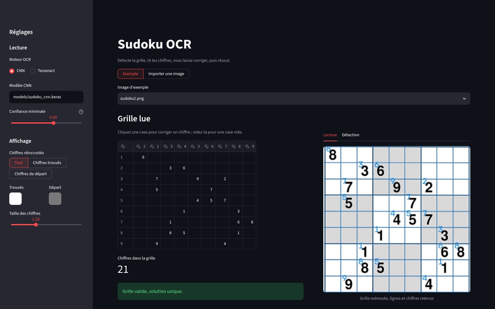 Interface Streamlit de Sudoku OCR : grille lue par le CNN, modifiable case par case, à côté de la grille redressée annotée