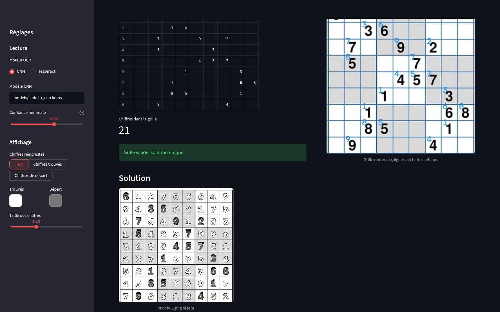 Solution de Sudoku OCR réincrustée sur l'image d'origine, chiffres trouvés en contour